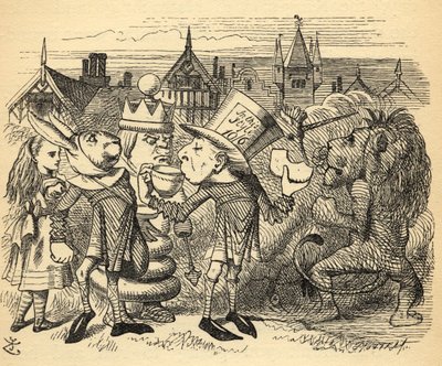 Der verrückte Hutmacher, der Hase, der König und Alice, Illustration aus 